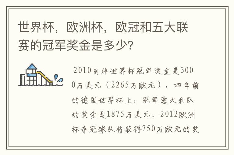 世界杯,欧洲杯,欧冠和五大联赛的冠军奖金是多少?
