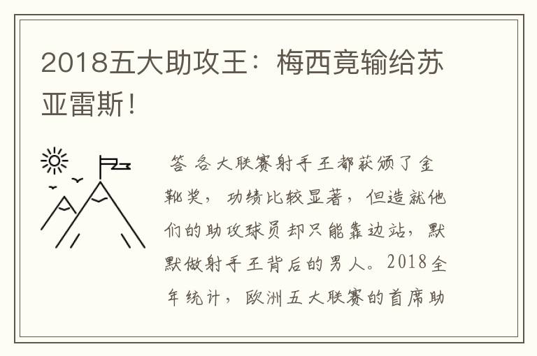 2018五大助攻王:梅西竟输给苏亚雷斯!