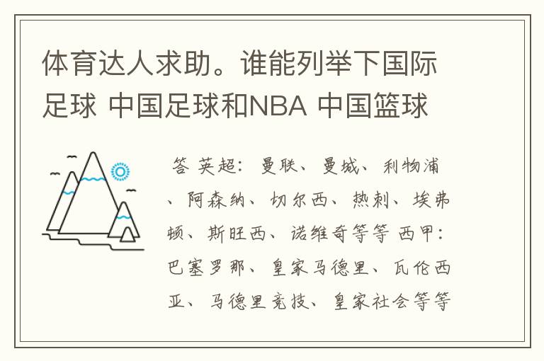 体育达人求助。谁能列举下国际足球 中国足球和NBA 中国篮球 里比较出名的球队和球员?一一介绍下最