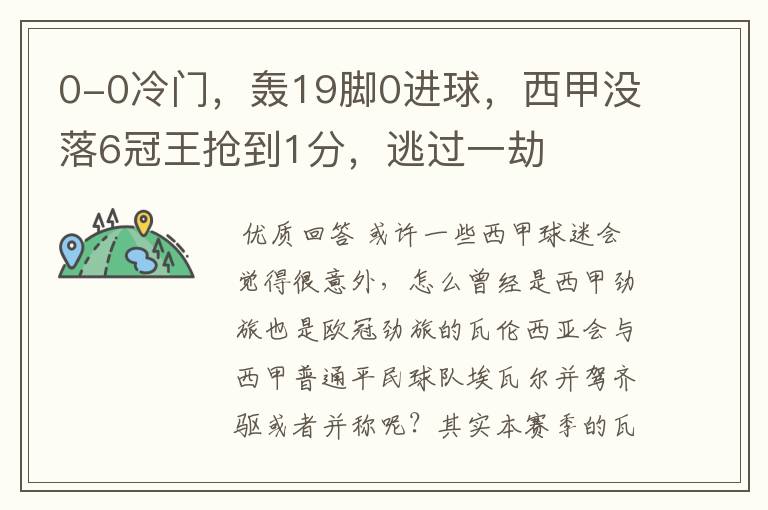 0-0冷门,轰19脚0进球,西甲没落6冠王抢到1分,逃过一劫
