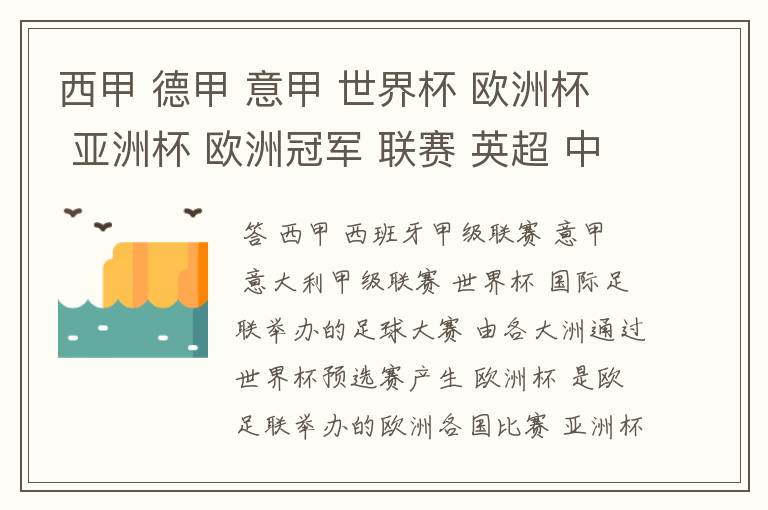 西甲 德甲 意甲 世界杯 欧洲杯 亚洲杯 欧洲冠军 联赛 英超 中超 分别是什么意思啊?