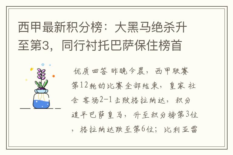 西甲最新积分榜:大黑马绝杀升至第3,同行衬托巴萨保住榜首