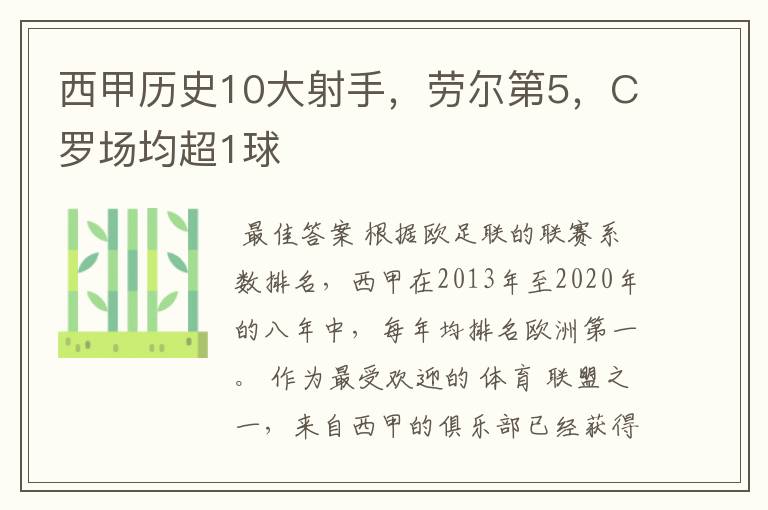 西甲历史10大射手,劳尔第5,C罗场均超1球