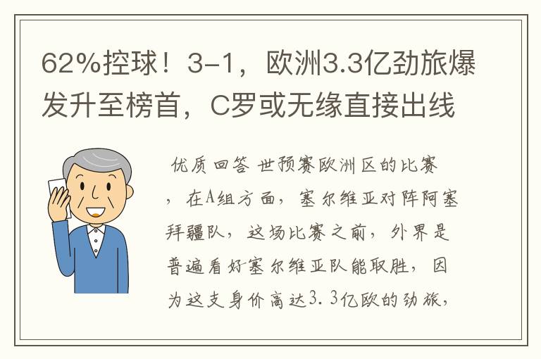 62%控球!3-1,欧洲3.3亿劲旅爆发升至榜首,C罗或无缘直接出线