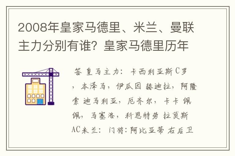 2008年皇家马德里、米兰、曼联主力分别有谁?皇家马德里历年欧冠战绩