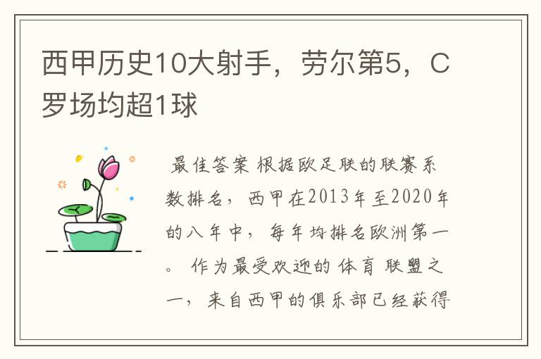 西甲历史10大射手,劳尔第5,C罗场均超1球