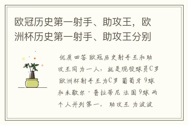 欧冠历史第一射手、助攻王,欧洲杯历史第一射手、助攻王分别是谁?