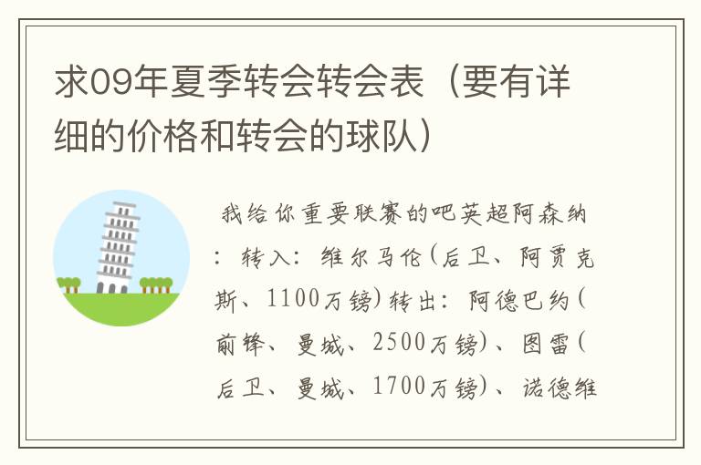 求09年夏季转会转会表(要有详细的价格和转会的球队)