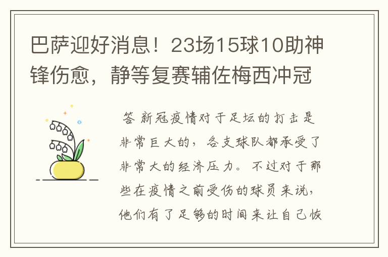 巴萨迎好消息!23场15球10助神锋伤愈,静等复赛辅佐梅西冲冠!
