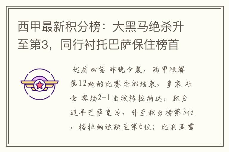 西甲最新积分榜:大黑马绝杀升至第3,同行衬托巴萨保住榜首