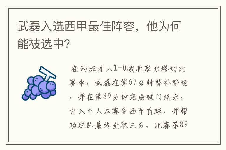 武磊入选西甲最佳阵容,他为何能被选中?