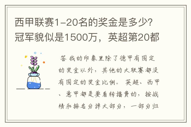 西甲联赛1-20名的奖金是多少?冠军貌似是1500万,英超第20都是4000万呀!