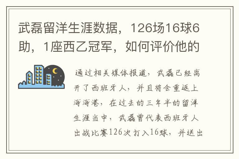 武磊留洋生涯数据,126场16球6助,1座西乙冠军,如何评价他的表现?