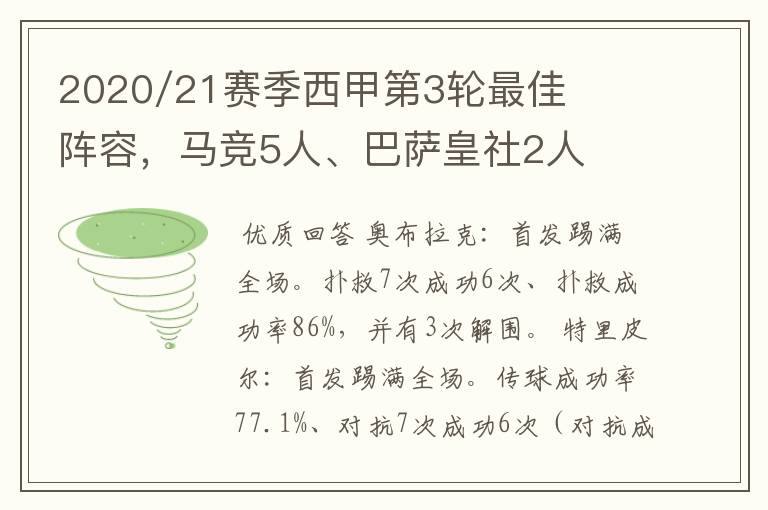 2020/21赛季西甲第3轮最佳阵容，马竞5人、巴萨皇社2人