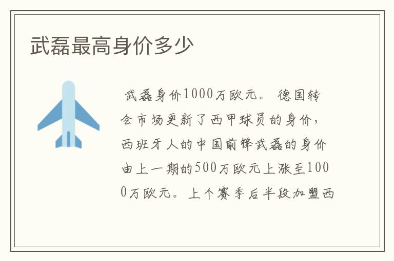 武磊最高身价多少