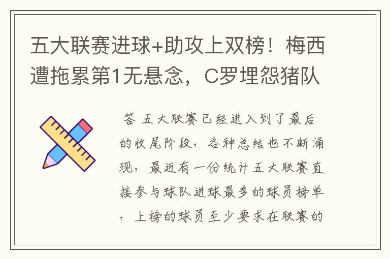 五大联赛进球+助攻上双榜!梅西遭拖累第1无悬念,C罗埋怨猪队友