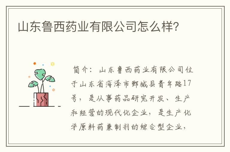 山东鲁西药业有限公司怎么样?