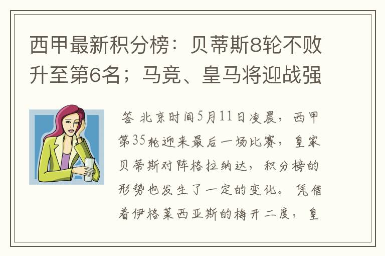 西甲最新积分榜:贝蒂斯8轮不败升至第6名;马竞、皇马将迎战强敌