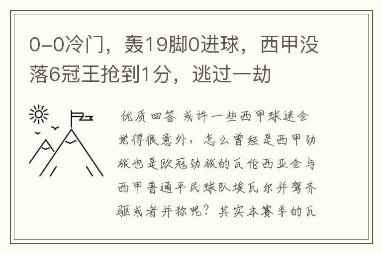 0-0冷门,轰19脚0进球,西甲没落6冠王抢到1分,逃过一劫