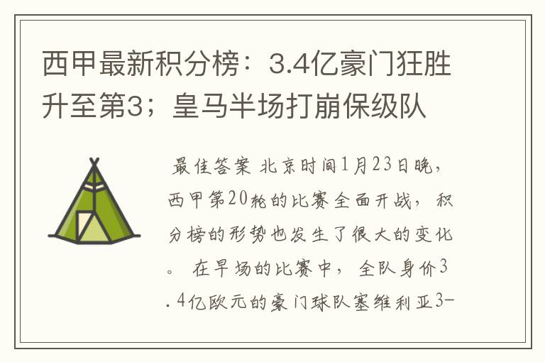 西甲最新积分榜:3.4亿豪门狂胜升至第3;皇马半场打崩保级队