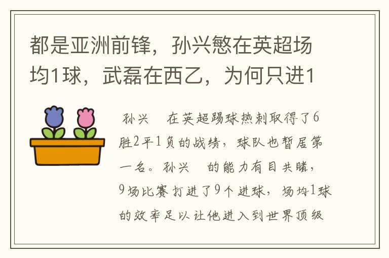 都是亚洲前锋,孙兴慜在英超场均1球,武磊在西乙,为何只进1球?