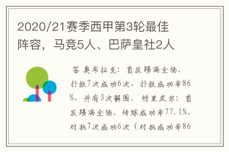 2020/21赛季西甲第3轮最佳阵容，马竞5人、巴萨皇社2人