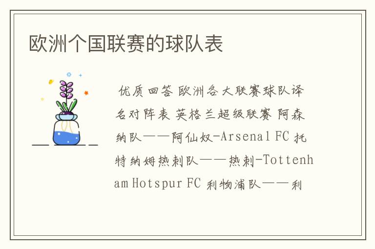 欧洲个国联赛的球队表
