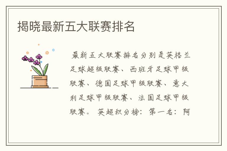 揭晓最新五大联赛排名
