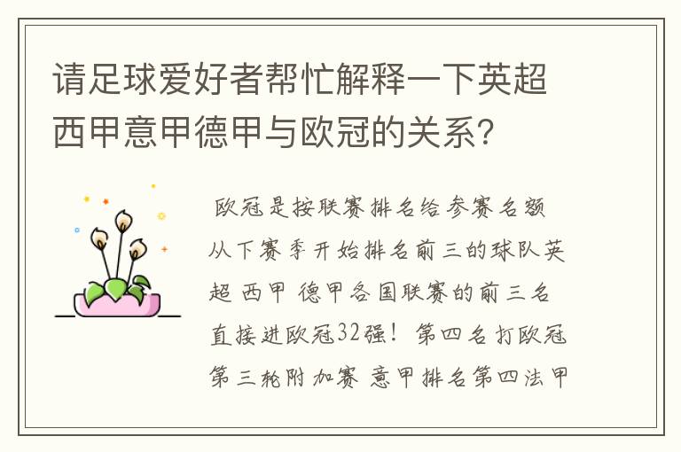 请足球爱好者帮忙解释一下英超西甲意甲德甲与欧冠的关系?