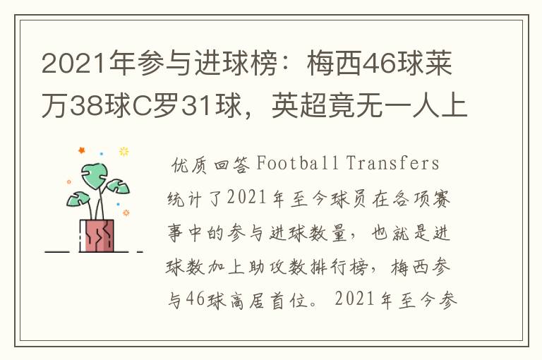 2021年参与进球榜:梅西46球莱万38球C罗31球,英超竟无一人上榜