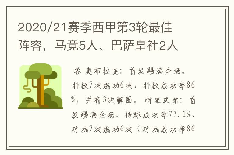 2020/21赛季西甲第3轮最佳阵容,马竞5人、巴萨皇社2人