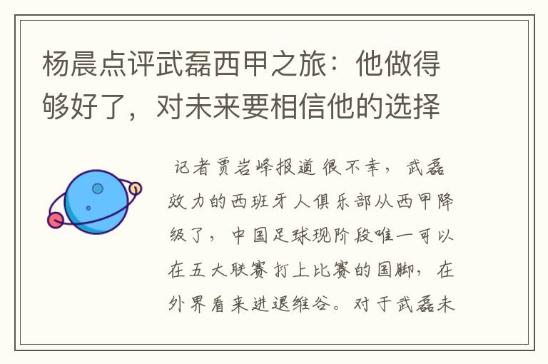 杨晨点评武磊西甲之旅:他做得够好了,对未来要相信他的选择