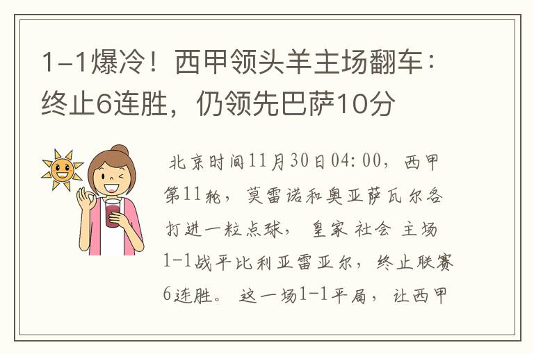 1-1爆冷!西甲领头羊主场翻车:终止6连胜,仍领先巴萨10分
