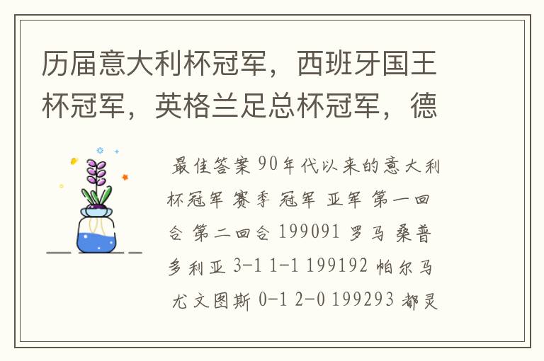 历届意大利杯冠军,西班牙国王杯冠军,英格兰足总杯冠军,德国杯冠军