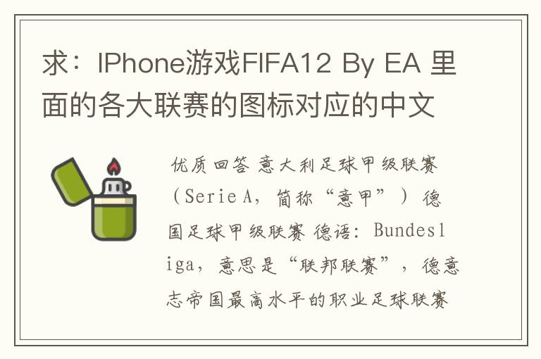 求:IPhone游戏FIFA12 By EA 里面的各大联赛的图标对应的中文名称 例如:Liga BBVA 西甲