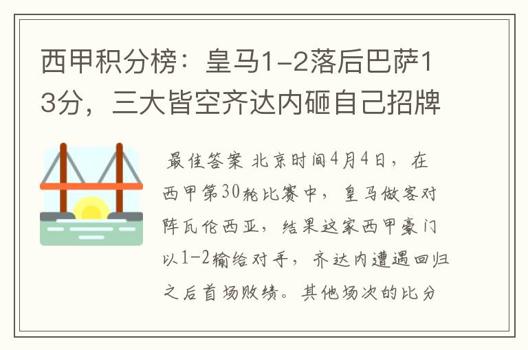 西甲积分榜:皇马1-2落后巴萨13分,三大皆空齐达内砸自己招牌?