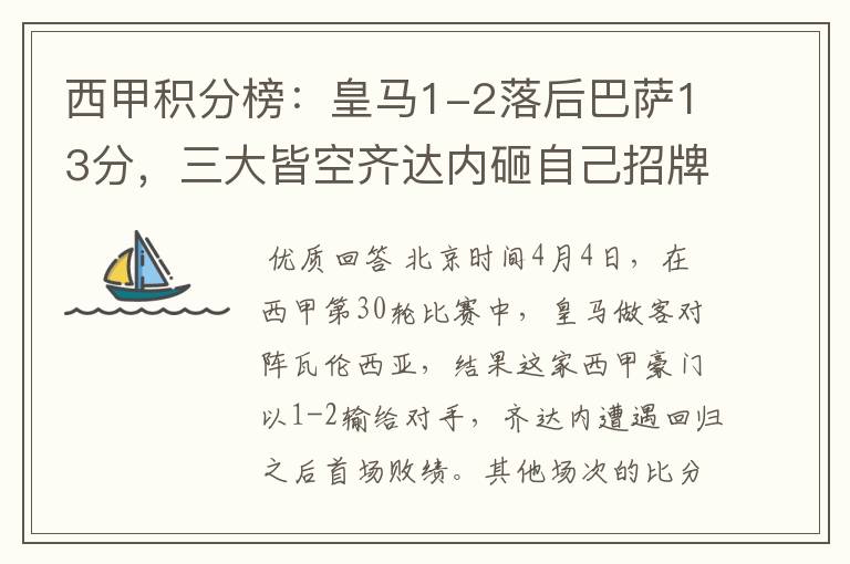 西甲积分榜:皇马1-2落后巴萨13分,三大皆空齐达内砸自己招牌?