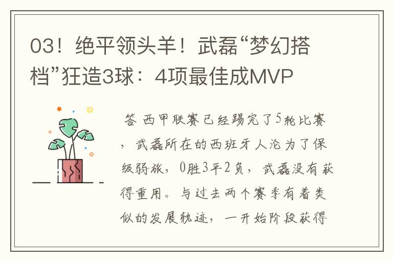 03!绝平领头羊!武磊“梦幻搭档”狂造3球:4项最佳成MVP