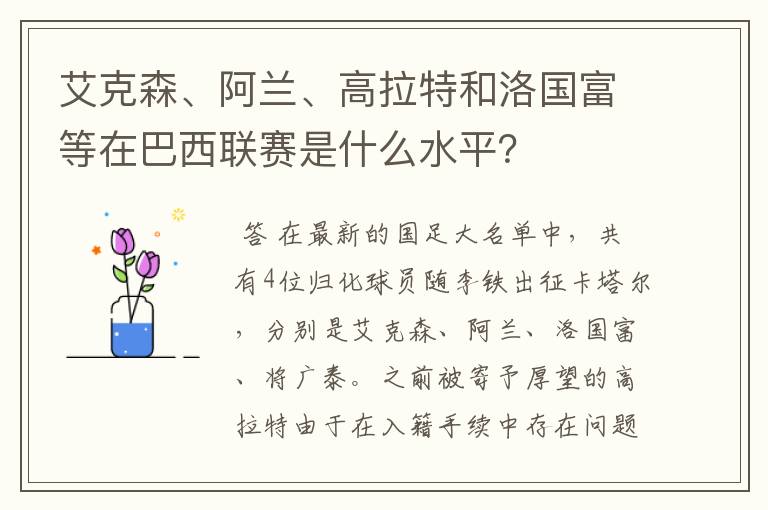 艾克森、阿兰、高拉特和洛国富等在巴西联赛是什么水平?