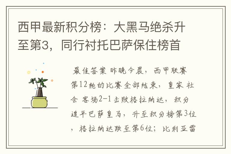 西甲最新积分榜:大黑马绝杀升至第3,同行衬托巴萨保住榜首