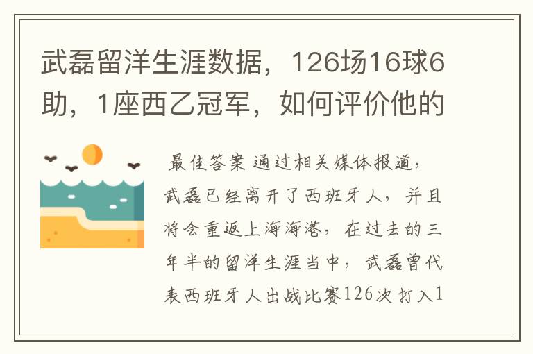 武磊留洋生涯数据,126场16球6助,1座西乙冠军,如何评价他的表现?