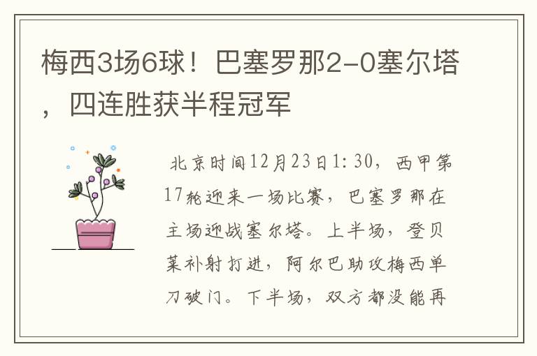 梅西3场6球!巴塞罗那2-0塞尔塔,四连胜获半程冠军