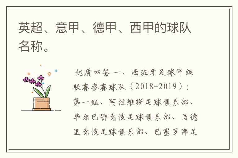 英超、意甲、德甲、西甲的球队名称。