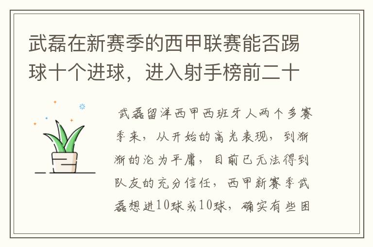 武磊在新赛季的西甲联赛能否踢球十个进球,进入射手榜前二十?