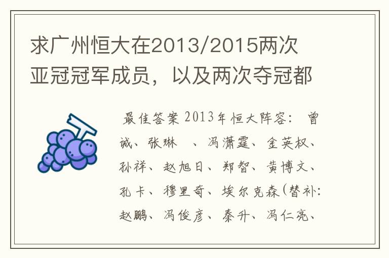 求广州恒大在2013/2015两次亚冠冠军成员,以及两次夺冠都有参与的队员名单