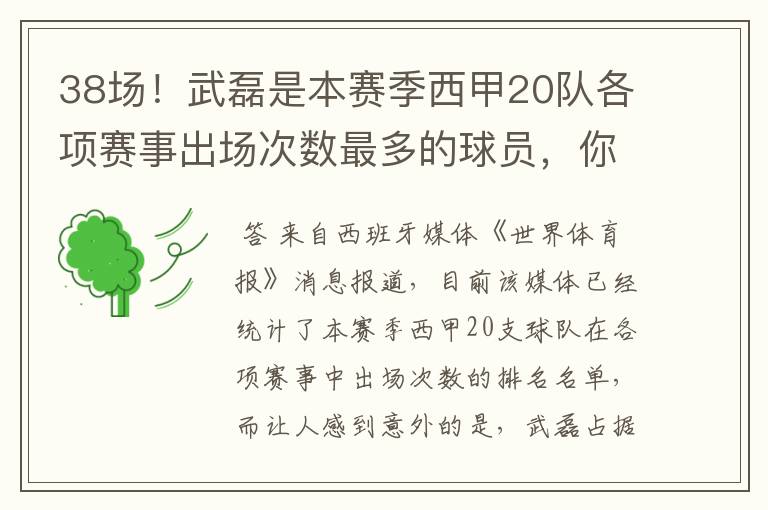 38场!武磊是本赛季西甲20队各项赛事出场次数最多的球员,你怎么看?