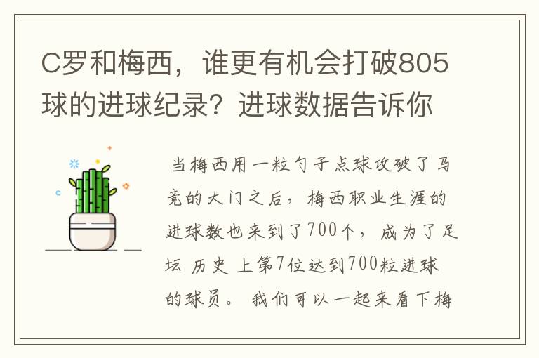 C罗和梅西,谁更有机会打破805球的进球纪录?进球数据告诉你答案