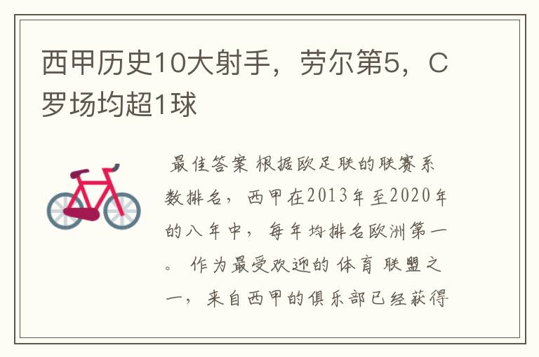 西甲历史10大射手,劳尔第5,C罗场均超1球