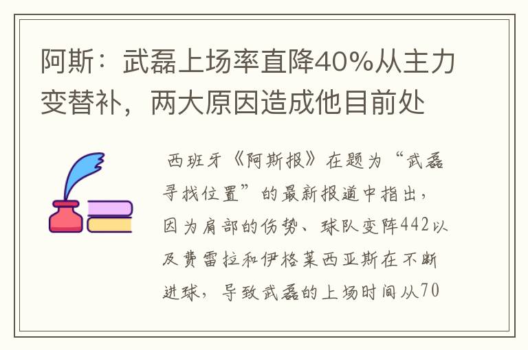 阿斯:武磊上场率直降40%从主力变替补,两大原因造成他目前处境