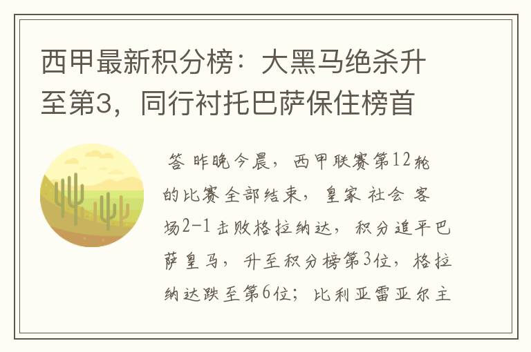 西甲最新积分榜:大黑马绝杀升至第3,同行衬托巴萨保住榜首
